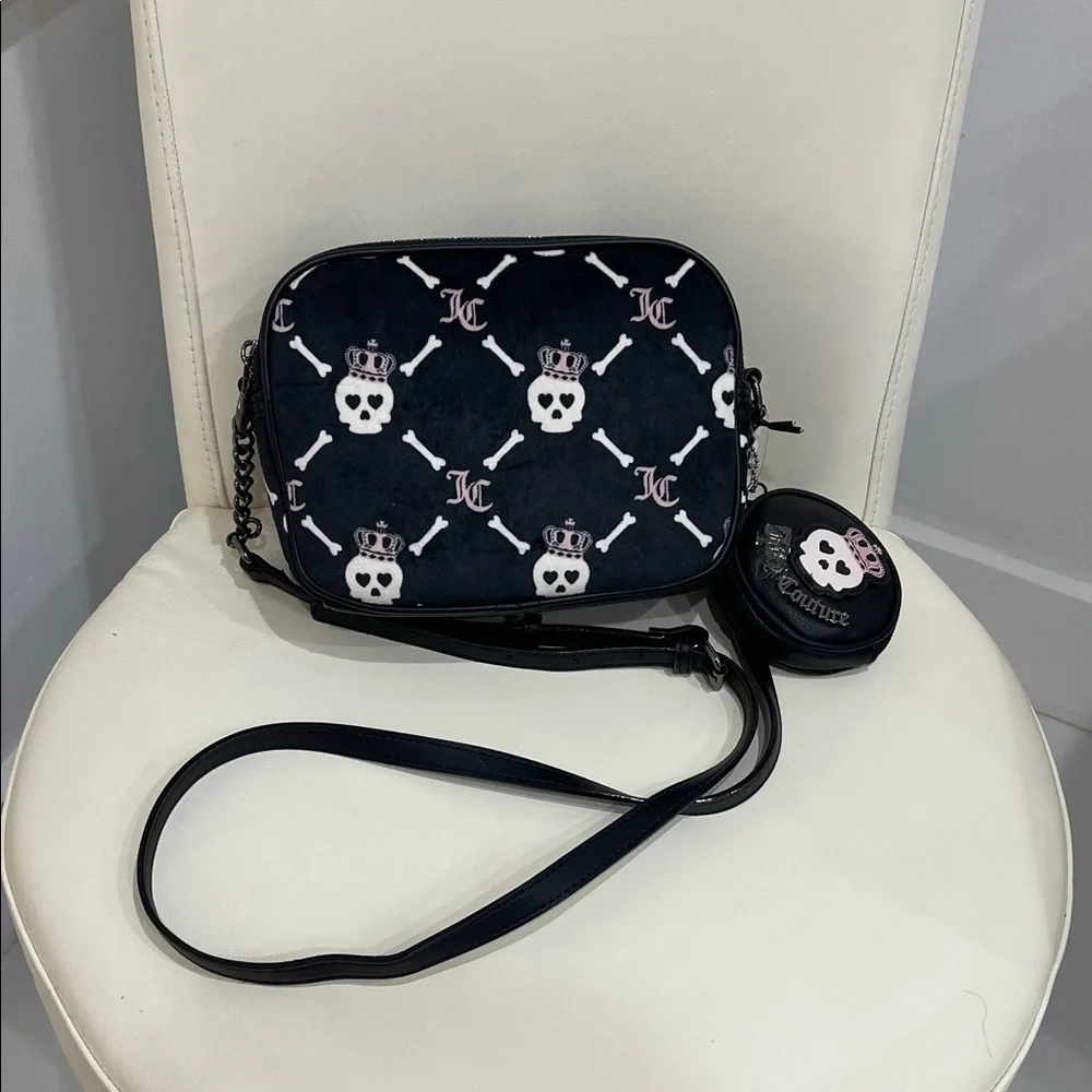 Juicy Couture Black/Pink/White Skull & Crossbones Haunted Couture Crossbody Bag